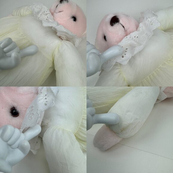 Vtg Puffy Teddy Bear Pink Plush White Yellow Outfit Parachute Body Nylon w Lace - Picture 4 of 9